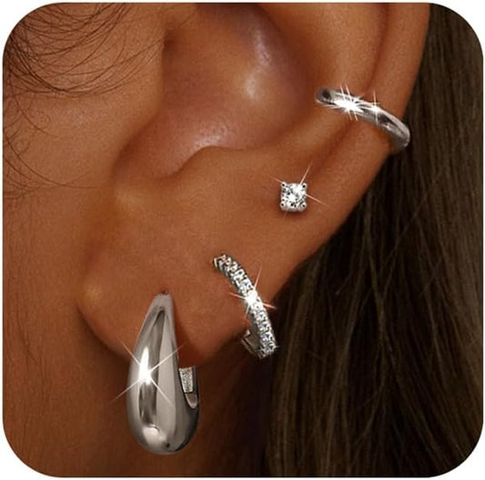 BESTEEL Small Hoop Earrings for Women - Hypoallergenic 14K Gold Plated Surgical Steel Chunky Huggie Earings Stacks Set Dainty Cute Cartilage Flat Back Stud Jewelry Trendy Gift 4 Pairs