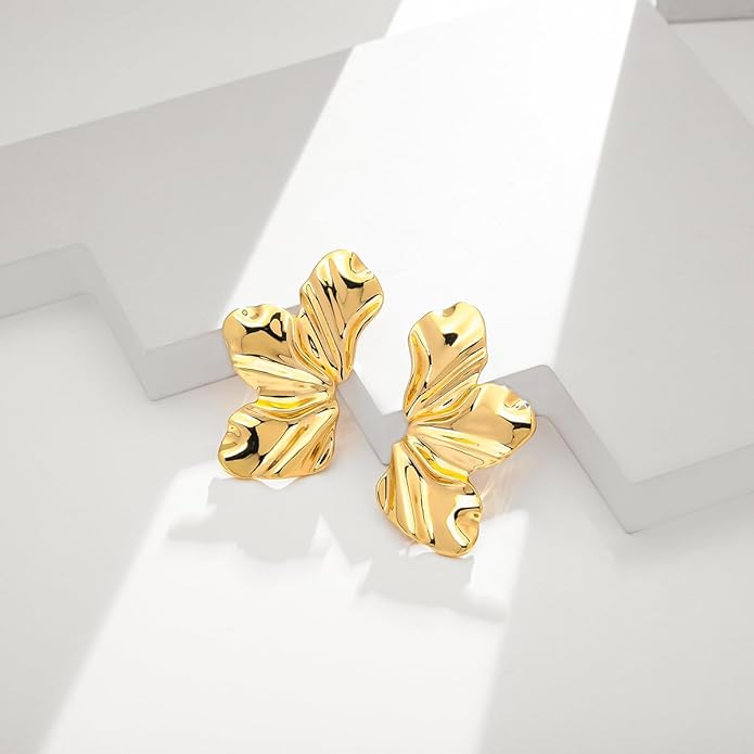 Chunky Gold Statement Earrings For Women Gold Plated Sectored Flower Leaf Shell Angel Wing Earrings Large Stud Earrings Hypoallergenic Earrings