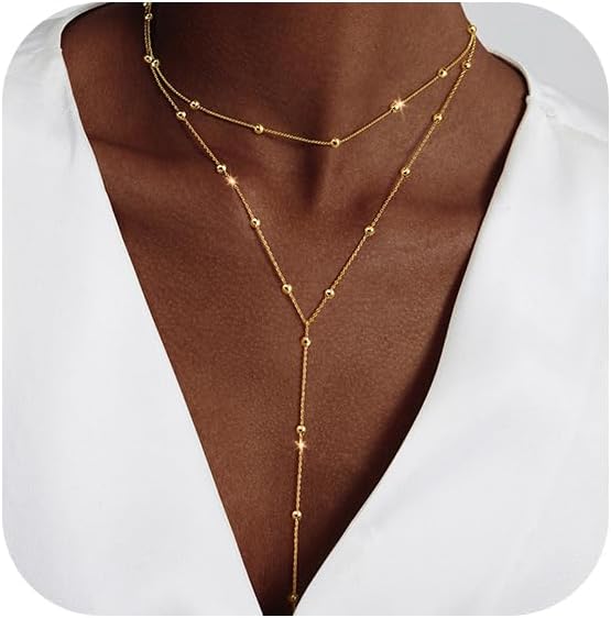 Luxval Lariat Silver Necklace for Women, Dainty Long Necklace Silver Y-Shaped Pendant Necklaces Trendy Beaded Chain Drop Necklaces Jewelry for Women Gifts