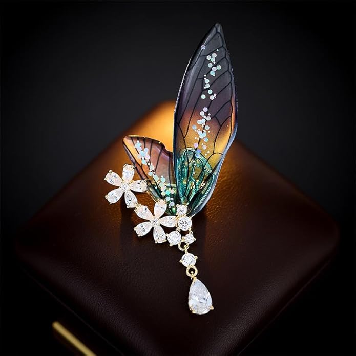 14K Gold Luxury Butterfly Brooch Sparkling Moissanite Accents & Enamel Painted Details, Retro Chic for Cheongsam, Coats & Formal Attire