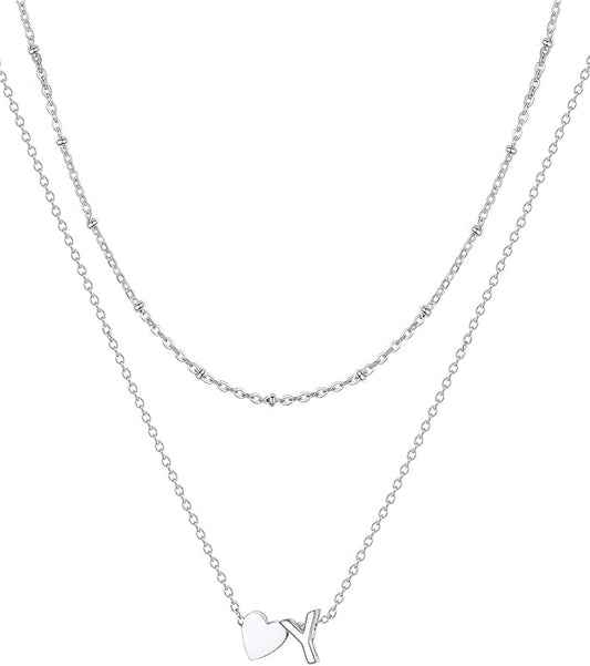 FOCALOOK Layered Initial Necklace for Women, 14K Gold Plated Choker Necklaces Stacks with Initial A-Z, Dainty Silver Heart Pendant Necklace Personalized Birthday Women Jewelry