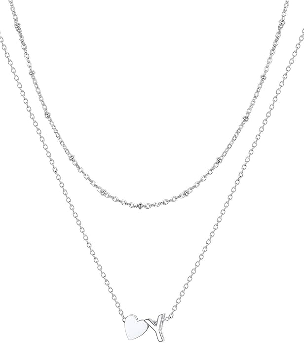 FOCALOOK Layered Initial Necklace for Women, 14K Gold Plated Choker Necklaces Stacks with Initial A-Z, Dainty Silver Heart Pendant Necklace Personalized Birthday Women Jewelry