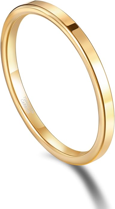 TRUMIUM 2mm 4mm 6mm Tungsten Rings for Women Men's Wedding Bands 24K Gold Plated Beveled Edges Flat High Polished Comfort Fit Size 5-14