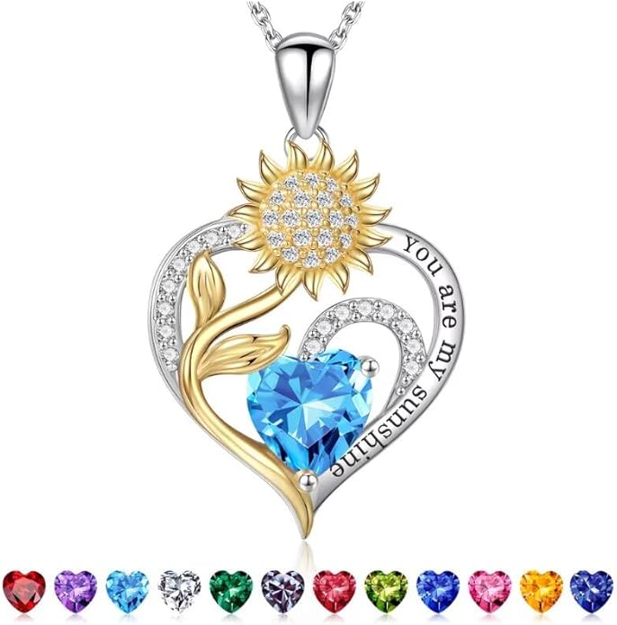 Iefil Christmas Gifts for Women Wife Mom - Sunflower Birthstone Necklace for Women, Anniversary Birthday Gifts 925 Sterling Silver Heart Pendant You Are My Sunshine Jewelry for Girlfriend Mom Daughter