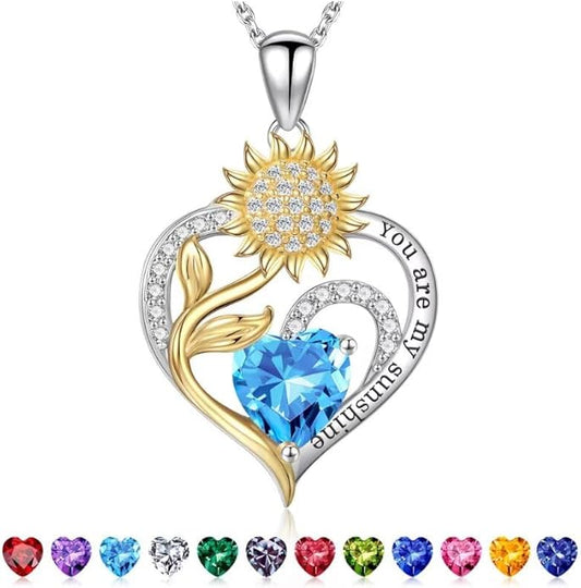 Iefil Christmas Gifts for Women Wife Mom - Sunflower Birthstone Necklace for Women, Anniversary Birthday Gifts 925 Sterling Silver Heart Pendant You Are My Sunshine Jewelry for Girlfriend Mom Daughter