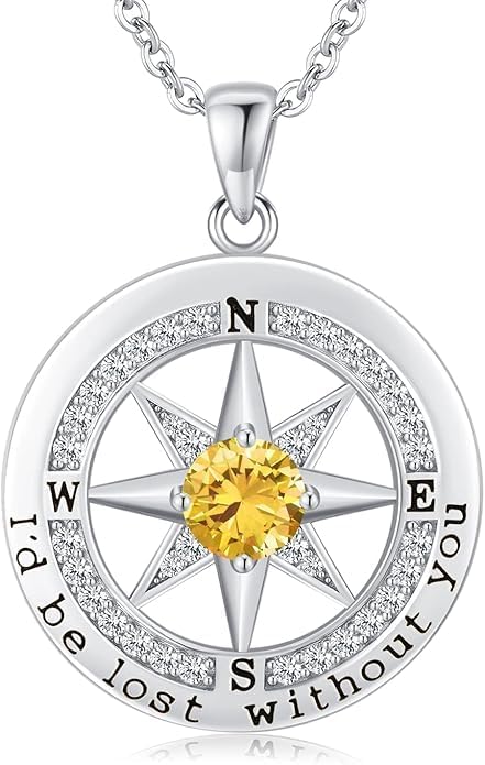 Compass Necklace for Women Wife Girlfriend Mom Daughter Gifts S925 Silver Jewelry For Anniversary Rose Gold Gifts For Birthday Christmas Mothers Valentines Day 12 Birthstones