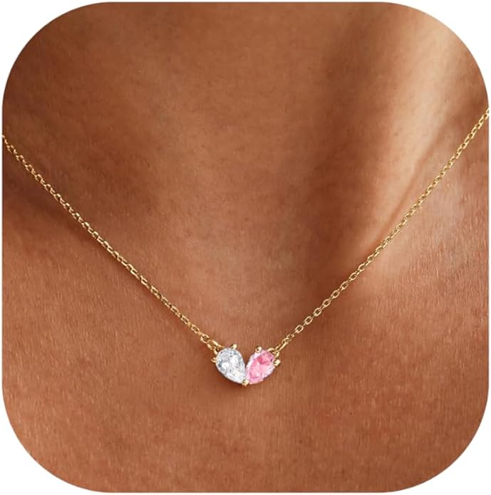 KOHOTA Gold Birthstone Necklace for Women Non Tarnish 14K Gold Plated CZ Heart Pendant Necklaces Dainty 2 Birthstones Emerald Green Charm Necklace for Mother and Daughter Birthday Jewelry Gifts
