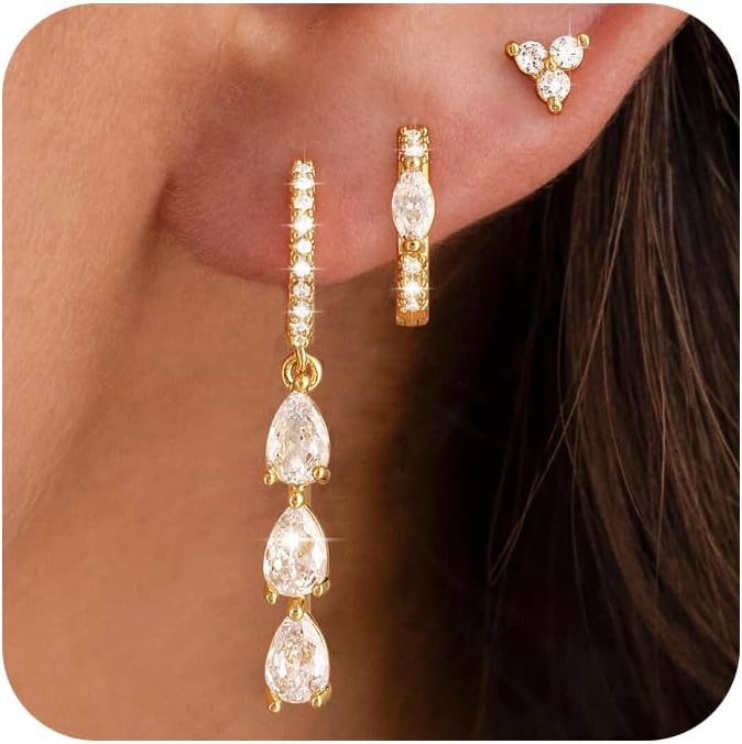 3 Pairs Earrings Set for Multiple Piercings, Gold Plated Studs Hoop Earrings Stack, CZ Dangle Earrings Set, Hypoallergenic for Sensitive Ears, Women's Gift