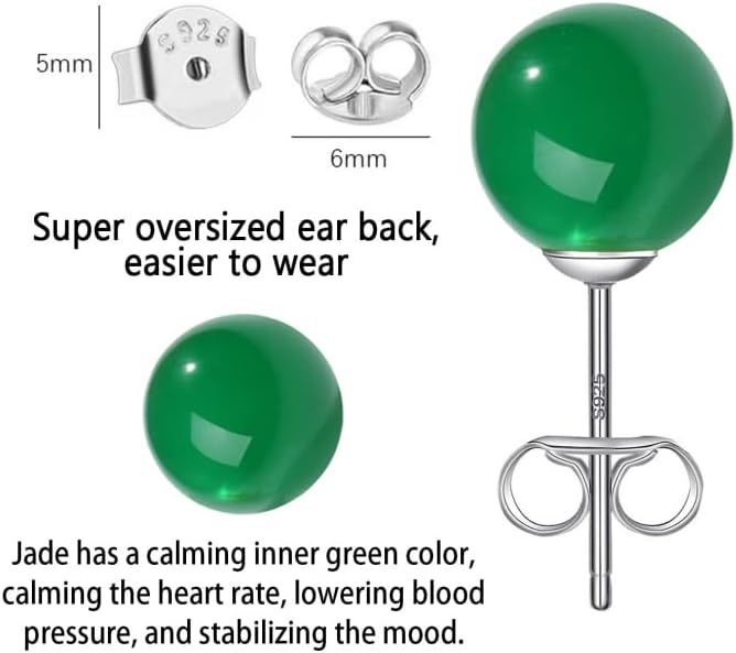 Jade Earrings Studs for Women Natural Green Gemstone, 5MM Sterling Silver Large Backing, Hypoallergenic Nickel and Lead Free， Handcrafted with Perfect Gift for Women