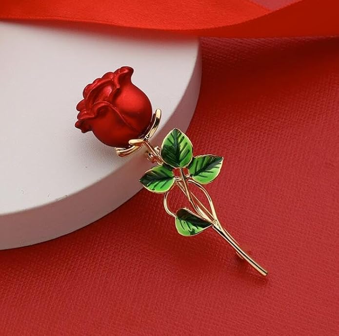 Just Follow Red Rose Flower Brooch with Rhinestones Sparkling Floral Pin for Women Vintage Blazer Jacket Dress Hat Scarf Accessory