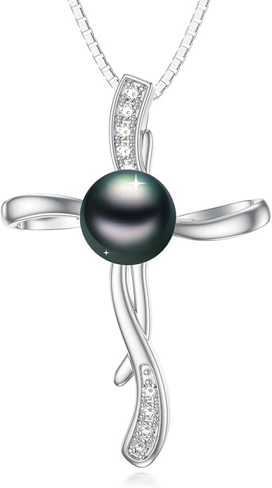 KANNSOAR Tahitian Black Pearl 18K White Gold Plated Sterling Silver Pendant Necklace for Wedding Birthday Anniversary Valentines Day Christmas Pearl Jewelry Gift for Women Wife Mom Lover Girlfriend