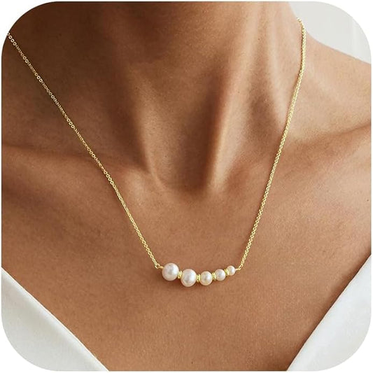 Gold Pearl Necklaces for Women Trendy, 14K Gold Plated Dainty Necklace Simple Layered Pearl Necklaces for Women Trendy Wedding Birthday Jewelry
