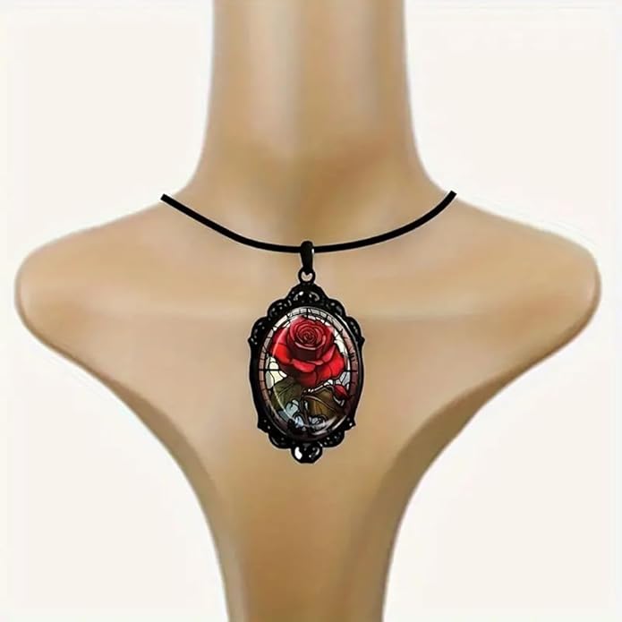 Gothic Rose Glass Necklace for Women Vintage Satan Demon Pendant Halloween Roses Necklaces Dark Punk Style Necklace Victoria Emboss Necklaces Mystic Witch Jewelry Gift Accessories