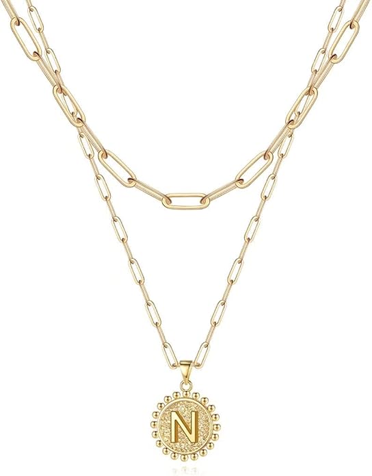 Ursteel Layered Initial Necklaces for Women, 14K-Gold-Plated Dainty Layering Paperclip Chain Necklaces for Women Jewelry