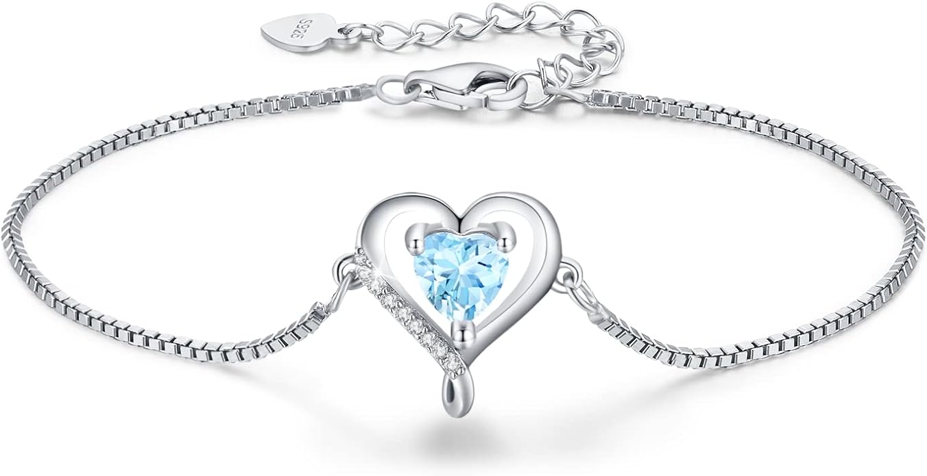 LAVUMO Love Heart Bracelets for Women 925 Silver Charm Birthstone Bracelet Adjustable Anniversary Birthday Jewelry Gifts for Women Girlfriend Wife Daughter Mom Her