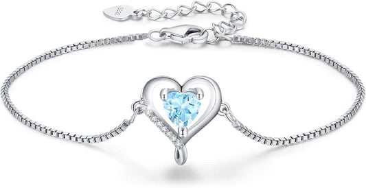 LAVUMO Love Heart Bracelets for Women 925 Silver Charm Birthstone Bracelet Adjustable Anniversary Birthday Jewelry Gifts for Women Girlfriend Wife Daughter Mom Her