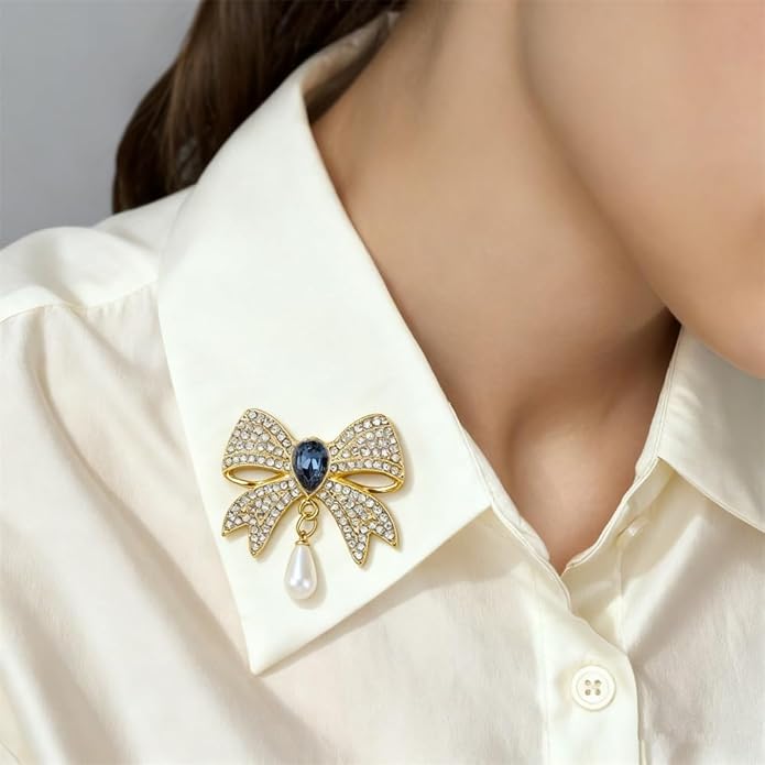 3PCS Vintage Pearl Rhinestone Bow Brooch Gold Brooches and Pins for Women Red Blue Green Gemstone Pearl Brooch Pins for Dresses Womens Clothes Corsage Clothing Accessories Jewelry Pins and Brooches