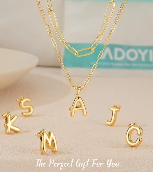 adoyi Gold Necklace for Women Layered Bubble Heart Letter Initial Necklaces for Women Trendy Jewelry 14K Gold Plated Chain Chunky Name Necklace Stack Charm A-Z Pendant Set Jewelry Gifts