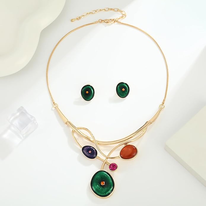 Chunky Statement Jewelry Set Vintage Retro Leaf Flower Floral Geometric Bohemian Boho Bib Necklace Earring Set Fashion Costume Jewelry for Women Girls Wedding Party Prom Unique Gift