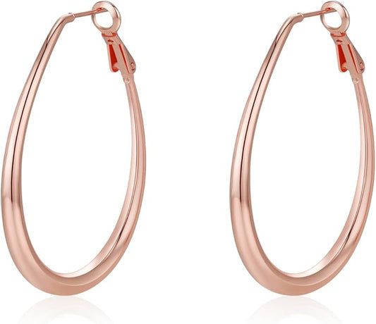 Lightweight Oval Hoop Earrings for Women - 14K Gold Plated, Rose Gold Plated and Sterling Silver Plated Large Oblong Hoop Earrings for Women Statement Jewelry Gift