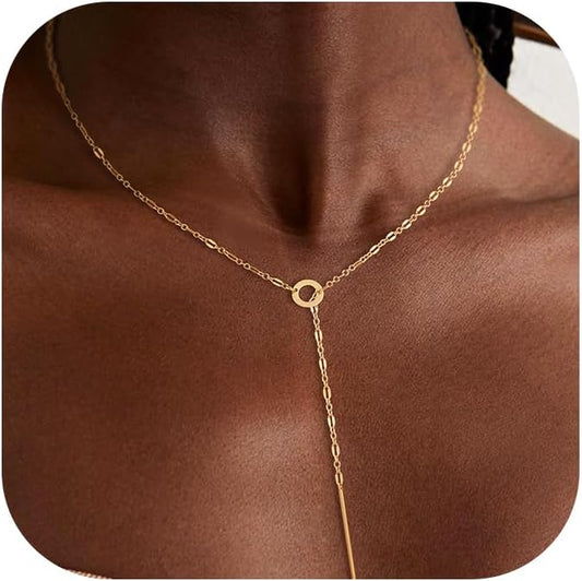 Lariat Necklaces for Women - Dainty Long Necklace Trendy 14K Gold Plated Hypoallergenic Layered Long Y-Shape Sunburst CZ T-Bar Pendant Drop Chain Necklace Set for Women Non Tarinsh Jewelry Gift
