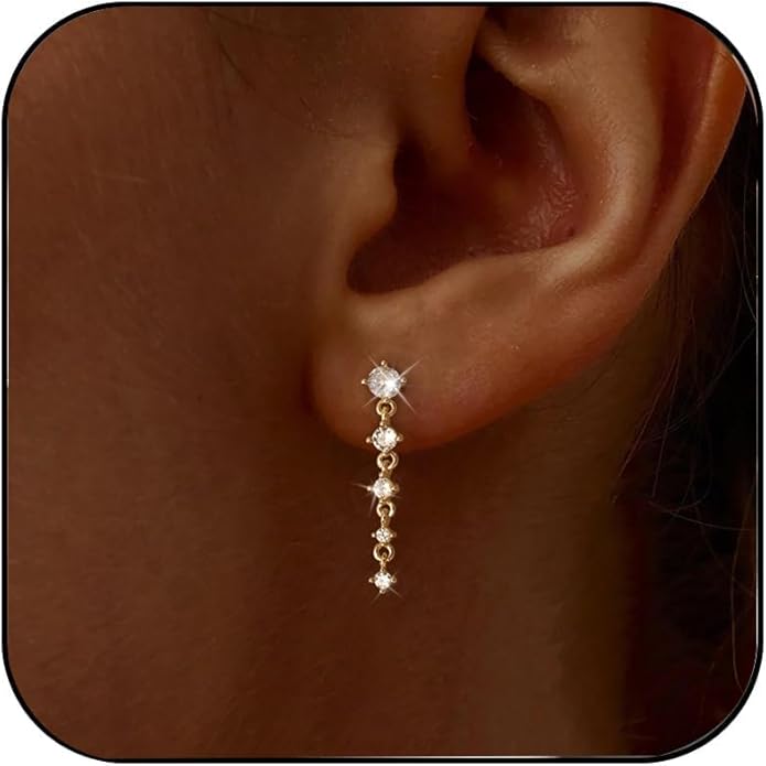 Gold Earrings for Women,Dainty 14k Gold Plated Pearl Drop Earring Dangle Pearl Dangling Earrings for Women Trendy Small Cute Wedding CZ Earring Long Chain Threader Prom Jewelry Gifts