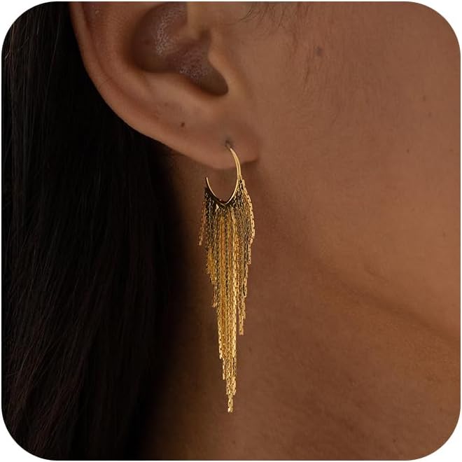 Gold Earrings for Women, 14K Gold Plated Tassel Dangle Earrings for Women Trendy Hypoallergenic Long Chain Earring Dainty Pearl Drop Earrings Elegant Wedding Earring Fashion Jewelry for Womens