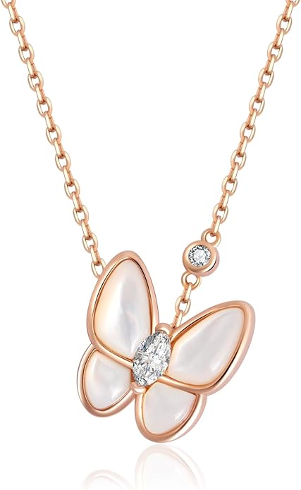 18K Rose Gold Sterling Silver Butterfly Necklace for Women, Mother of Pearl Pendant Necklace, Valentines Day Gift for Her, Wife, Mom, Gift Ready in Elegant Jewelry Box