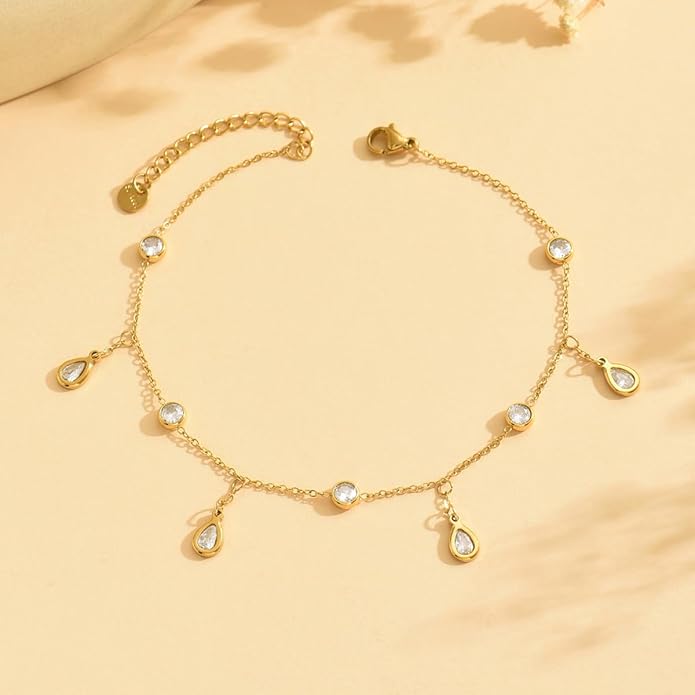 Anklet Bracelets for Women 18K Gold Plated Tennis Anklets Dainty Sapphire Paperclip Pearl Sequin Droplet Adjustable Large Anklet Bracelets Simple Beach Summer Waterproof Foot Jewelry