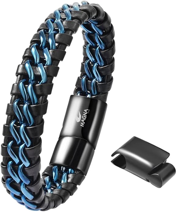 Men's Braided Genuine Leather Link Steel Chain Bracelet
