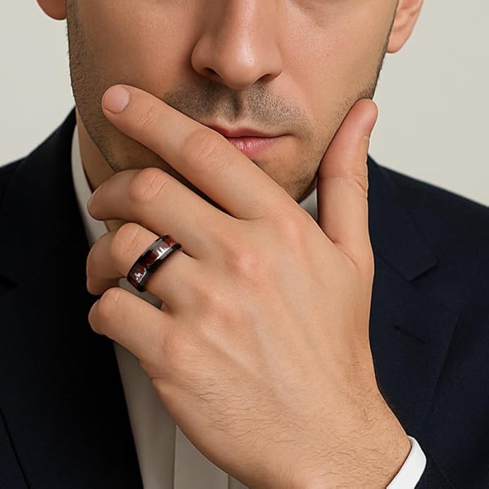 Mens Wedding Band Tungsten Rings: 8mm Black Tungsten Rings for Men Wood Wedding Ring Band for Man - Silver Ring for Men Wedding Bands for Women Wood Promise Rings for Him