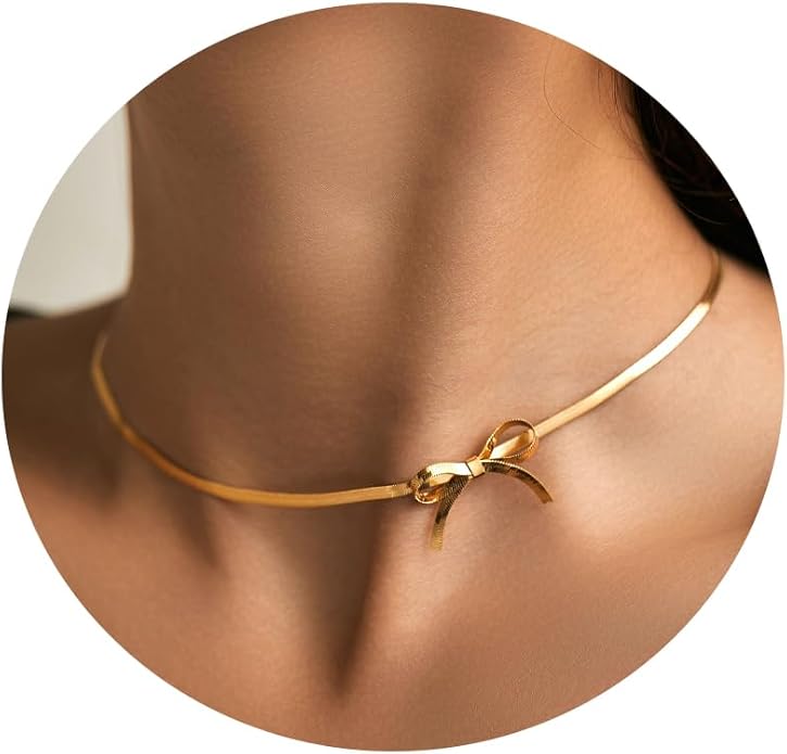 Dainty Gold Butterfly Bow Necklace for Women,18k Gold Plated Choker Necklaces for Women Waterproof & Daily & Simple, Gold Jewelry for Women