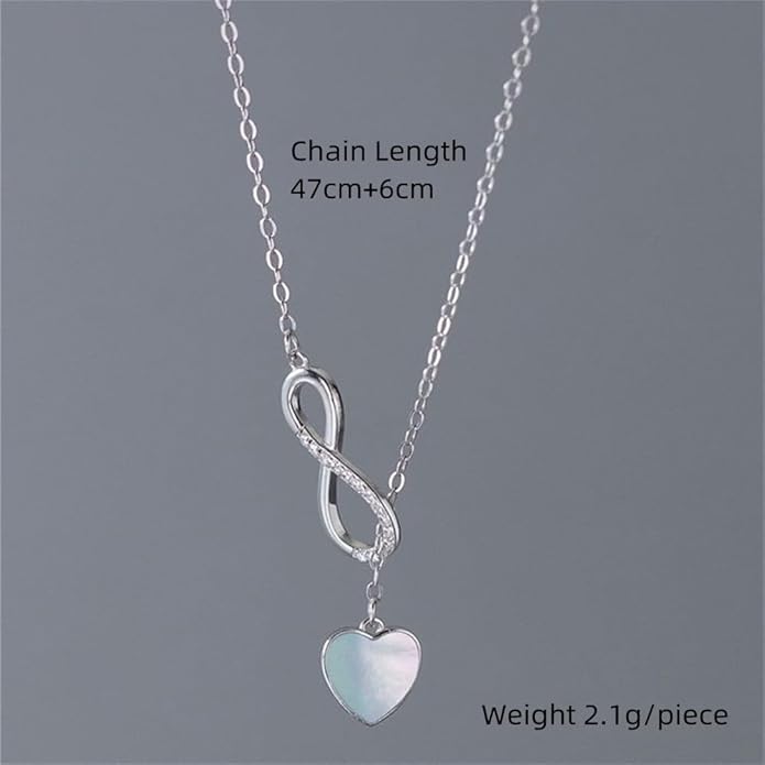 Infinity Lariat Y-Necklace for Women 925 Sterling Silver Love Heart Mother of Pearl Pendant Long Link Chain Necklaces Adjustable Delicate Wedding Birthday Valentines Jewelry Gift 20 inches