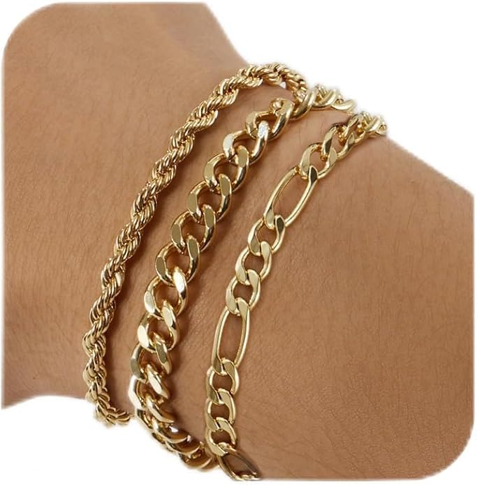 3 PCS Silver Bracelets for Men 925 Sterling Silver/14K Gold Palted Cuban Link Chain Bracelet Figaro Rope Bracelet Set Mens Jewelry Gifts for Dad Husband Boyfriend 7.5/8.2 Inches