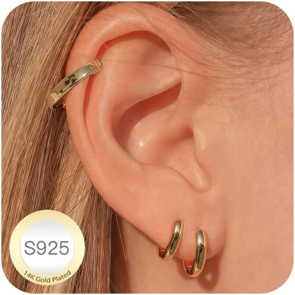 DORANA Valentines Day Gift 3 Pairs 925 Sterling Silver Earrings for Women Girls Non Tarnish Small Hypoallergenic Huggie Hoops Cartilage Stack Earring Sets for Multiple Piercing