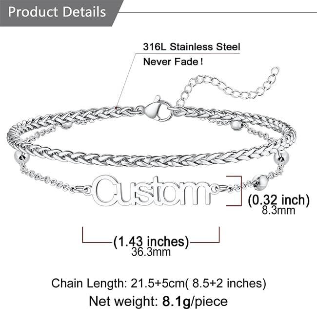 U7 Custom Layered Ankle Bracelets for Women Stainless Steel Bead/Cuban/Figaro/Rope/Wheat Chain Anklet Waterproof Anklet Jewelry for Beach Vacation