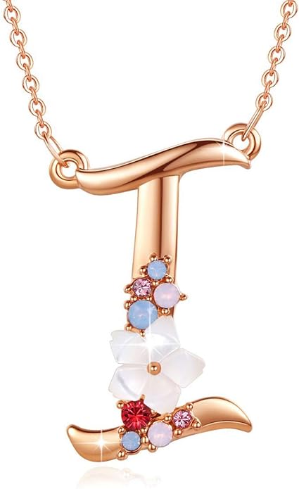 Flower Initial Letter Necklace Pink Red Blue Simulated Pearl Pendant Name Jewelry Made with Austrian Crystals Rose Gold Plated Anniversary Birthday Gifts for Women,18"+2"