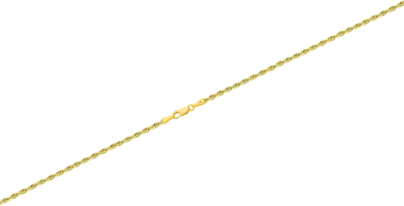 Aenmia Solid 14k Yellow Gold Rope Chain Necklace, Lobster Claw Clasp, Jewelry Gift for Women Men, 1.55-3.05mm, 16-24 inch
