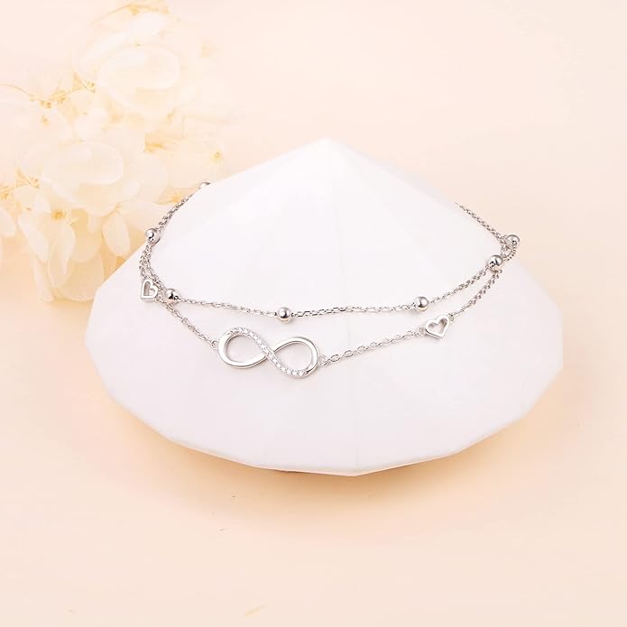 Anklet for Women S925 Sterling Silver Adjustable Foot Evil Eye Starfish Heart Bead Butterfly Celtic Knot Cross Multilayer Layered Ankle Bracelet Jewelry