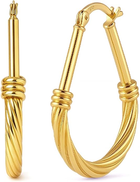 LeCalla 925 Sterling Silver Hoop Earrings | Italian Design Classic Diamond-Cut Textured Earring Hoops | Women's Drop Shape Oval Hoop Earring Jewelry for Women