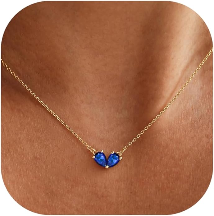 KOHOTA Gold Birthstone Necklace for Women Non Tarnish 14K Gold Plated CZ Heart Pendant Necklaces Dainty 2 Birthstones Emerald Green Charm Necklace for Mother and Daughter Birthday Jewelry Gifts