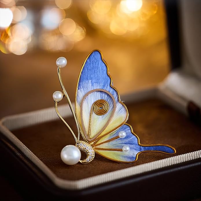 14K Gold Luxury Butterfly Brooch Sparkling Moissanite Accents & Enamel Painted Details, Retro Chic for Cheongsam, Coats & Formal Attire