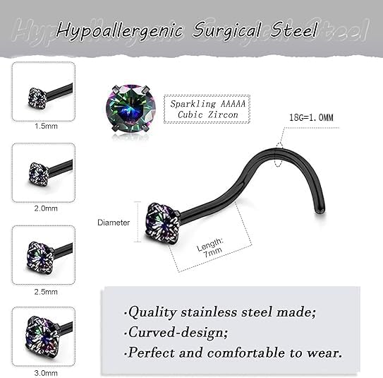 Nose Rings Studs: 8Pcs 20G Gold/Silver 316L Surgical Stainless Steel Nose Studs Hypoallergenic Corkscrew Nose Piercing Stud Jewelry for Women Men Clear Cubic Zirconia Imitation Diamond Top Size 1.5mm 2mm 2.5mm 3mm