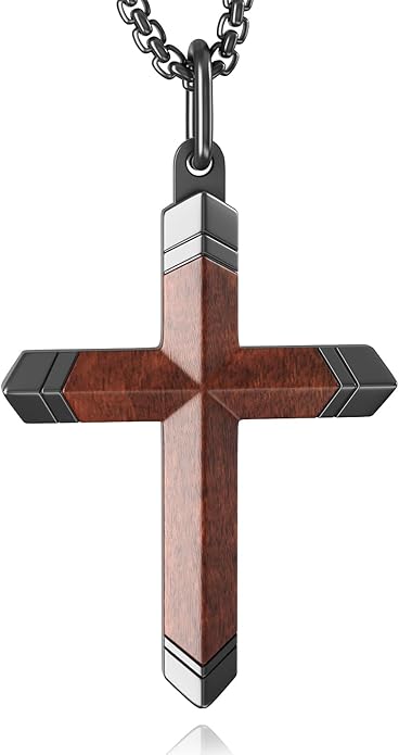 OOTDSE Wooden Cross Necklace for Men and Women 304L Stainless Steel Durable Snag-Free Box Chain with Reinforced Clasp Christian Gift for Dad/Son/Husband/Loves/Friends on Easter/Birthday/Father's Day