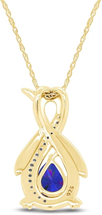 Infinity Penguin Pendant Necklace for Women, 14K Gold Over Sterling Silver with Pear & Round Cut Simulated Birthstone & White Diamond Accents, Dainty Animal Jewelry Gift with 18" Chain
