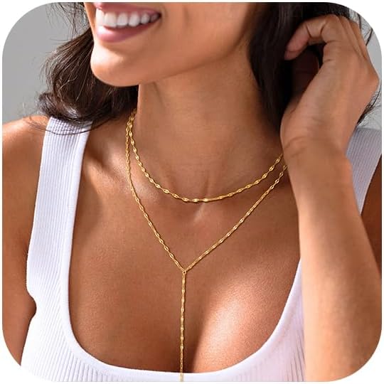 LOVELUCK Long Lariat Necklace for Women,Dainty Layered Y-Shaped Necklaces 14k Gold/Silver Plated Drop Chain Trendy Christmas Jewelry Gifts