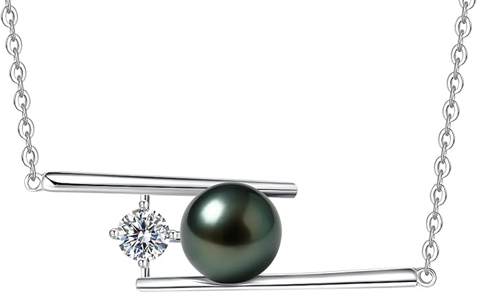 Genuine Tahitian Black Pearl Necklace for Women, 9-13mm AAAA Seawater Pearl - Sterling Silver Moissanite Pendant, Wedding Anniversary, Birthday, Christmas Gift for Wife, Mom, Girlfriend, Fine Jewelry