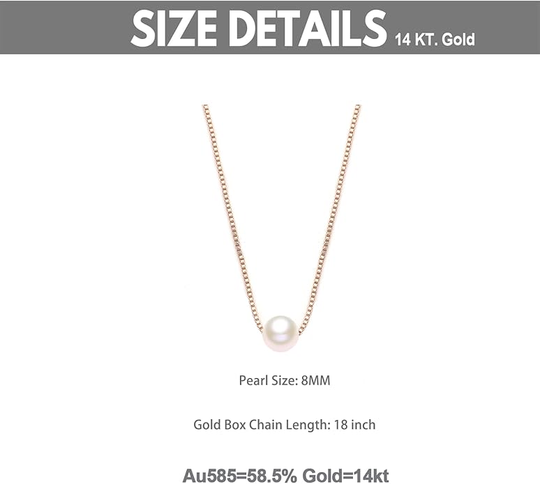 14K Yellow Gold Pearl Necklace for Women, Real Gold Durable Box Chain with Single Cultured Pearl Pendant Necklace Anniversary Birthday Gift for Her, Wife, Mother, Girl 18 Inch