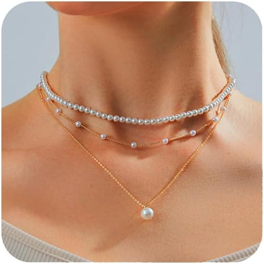 Gold Jewelry Set for Women - Dainty 14K Gold/Silver Plated Pearl Choker Necklace, Drop Earrings & Bracelets - Wedding Trendy Pearl Jewelry Gift