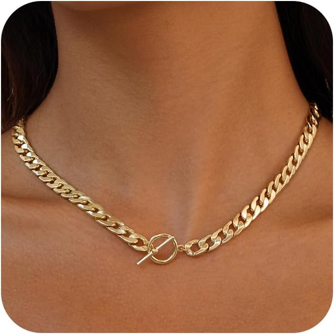 Moodear Layered Necklace for Women Trendy Chunky 14K Gold Plated/Sliver Plated Chain Necklace Cuban Link Paperclip Chain Toggle Clasp Necklace Fashion Jewelry